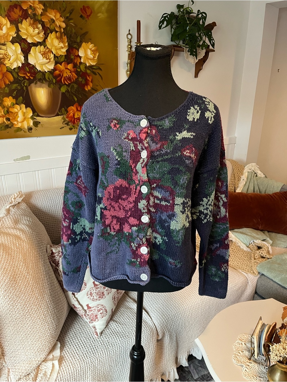 Women’s Vintage Floral Ramie and Cotton Knit Button-Front Sweater Cardigan - M